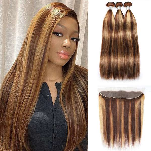 Highlight Hair 3 Bundles with HD Lace Frontal Closure Indian Straight Human Hair - Healthier Me Beauty, LLC
