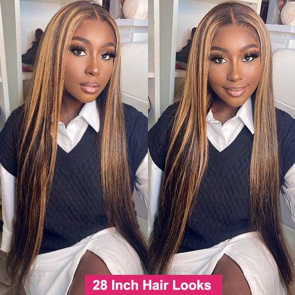 Highlight Bundles with Lace Frontal P4/27 Brazilian Straight Human Hair with HD 13x4 Lace Front Closure - Healthier Me Beauty, LLC