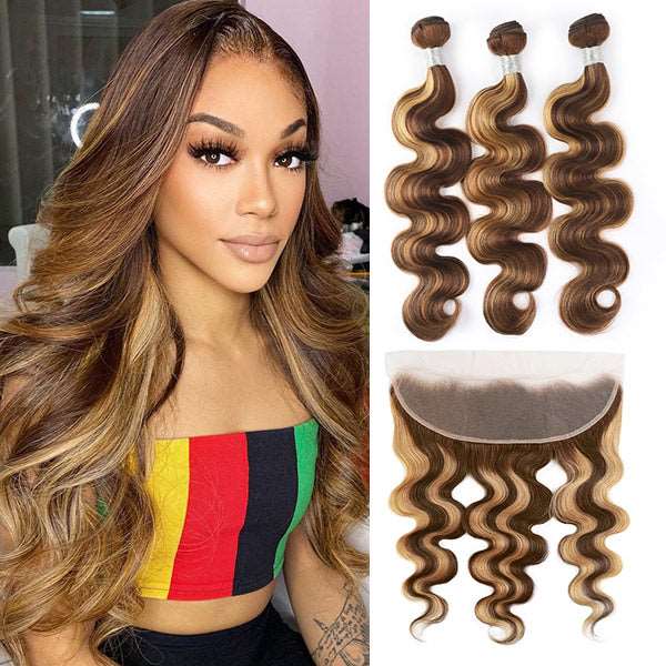 Highlight Body Wave Hair 3 Bundles with 13x4 Lace Frontal Closure Ear to Ear Virgin Human Indian Hair - Healthier Me Beauty, LLC