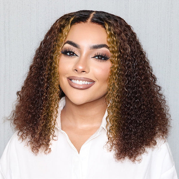 Lucky Draw | Mix Brown Kinky Curly 5x5 Closure HD Lace Glueless Mid Part Neck Length Wig 100% Human Hair