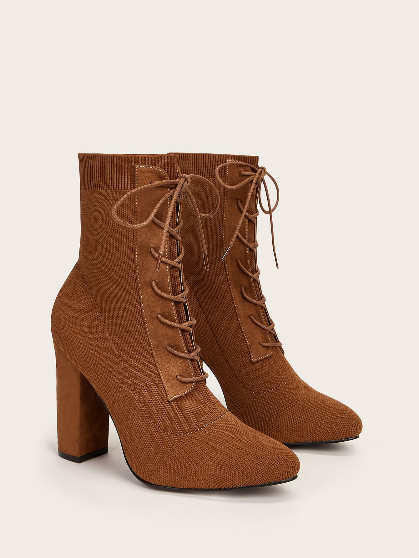 CUCCOO Basic Knit Detail Point Toe Lace up Front Chunky Sock Boots
