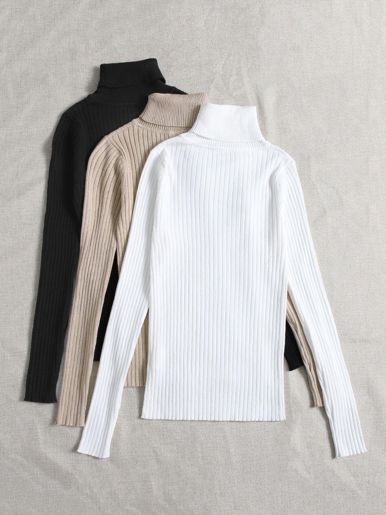 LUNE 3pcs Turtle Neck Ribbed Knit Sweater