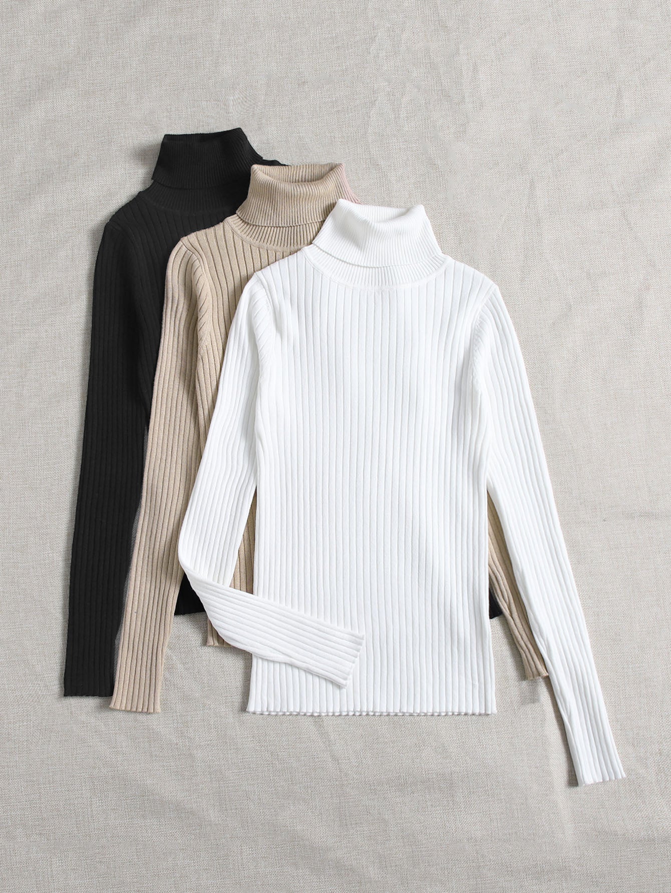 LUNE 3pcs Turtle Neck Ribbed Knit Sweater