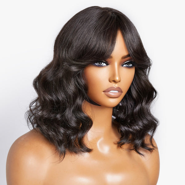 Points Rewards | Mature Lady Short Loose Wave Minimalist Lace Wig With Bangs 100% Human Hair