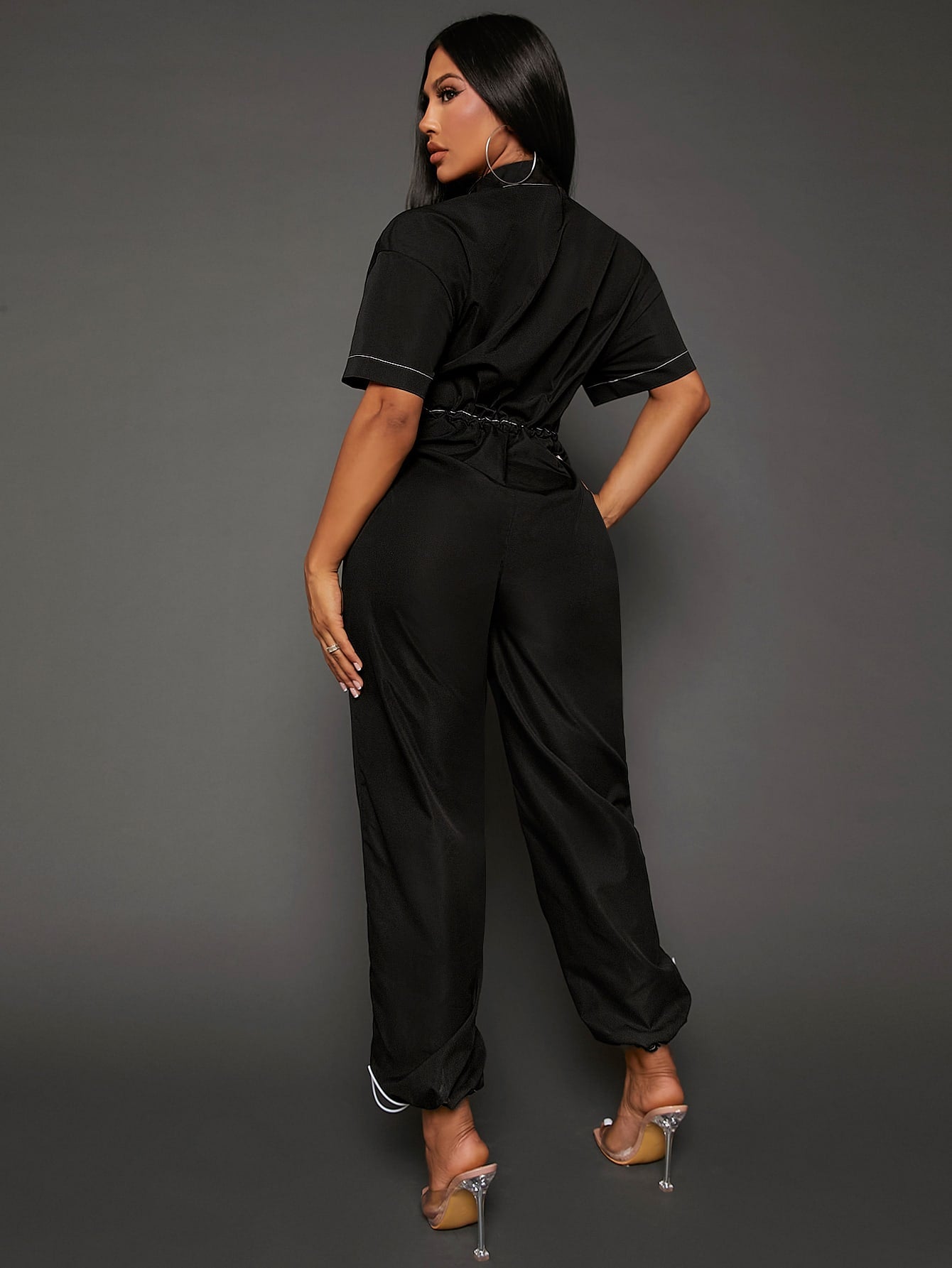 SXY Letter Graphic Zip Up Drawstring Waist Jumpsuit