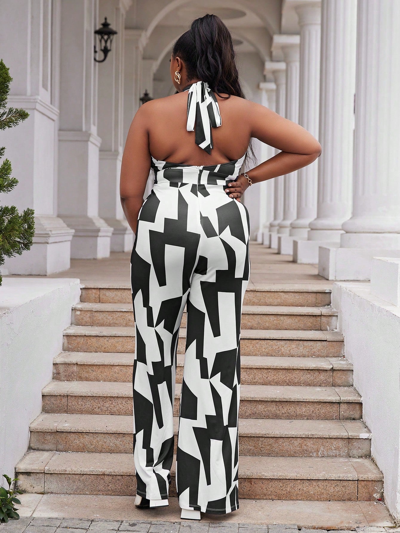 Plus Geo Print Halter Neck Backless Wide Leg Jumpsuit