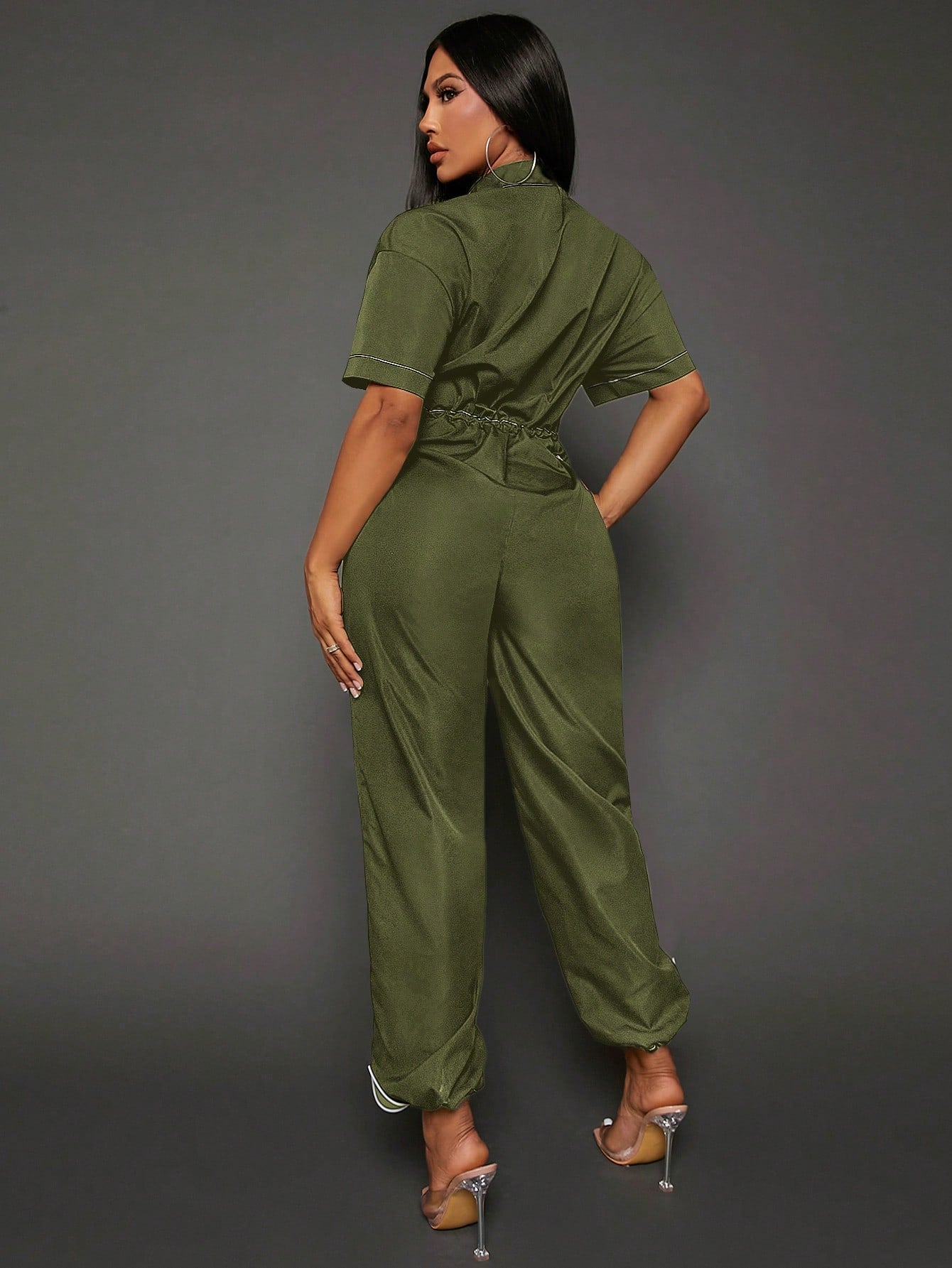 SXY Letter Graphic Zip Up Drawstring Waist Jumpsuit