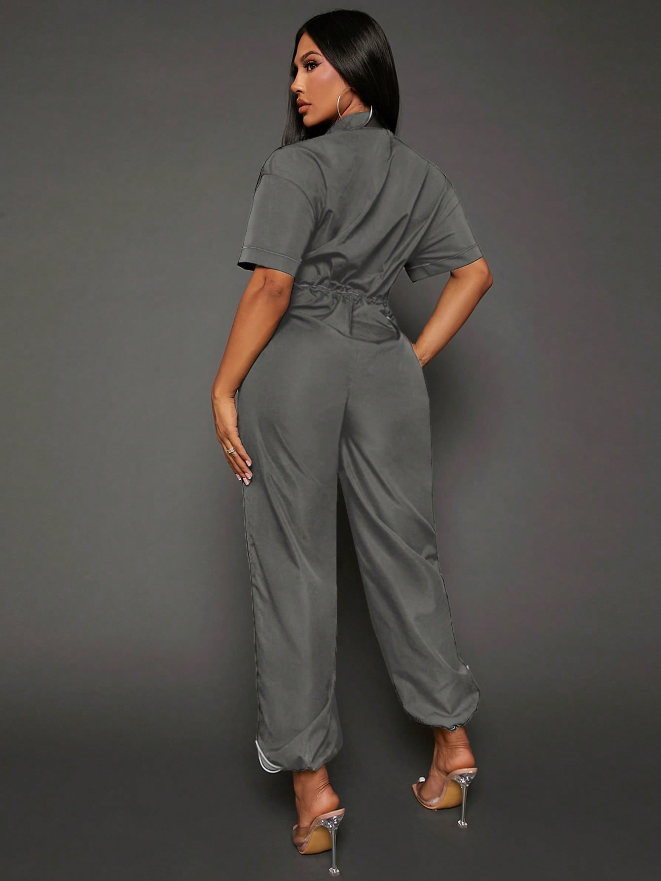 SXY Letter Graphic Zip Up Drawstring Waist Jumpsuit