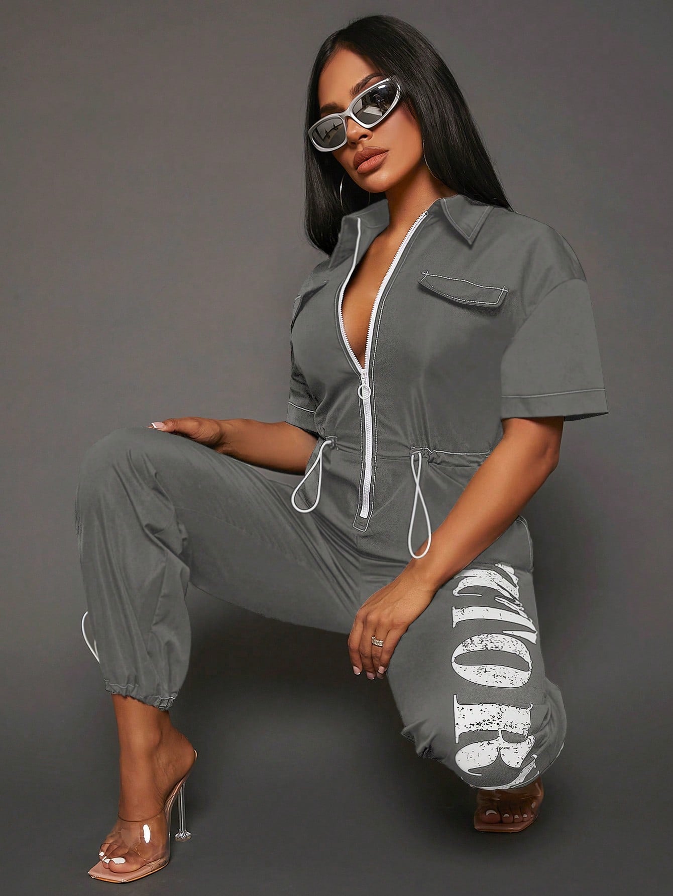 SXY Letter Graphic Zip Up Drawstring Waist Jumpsuit