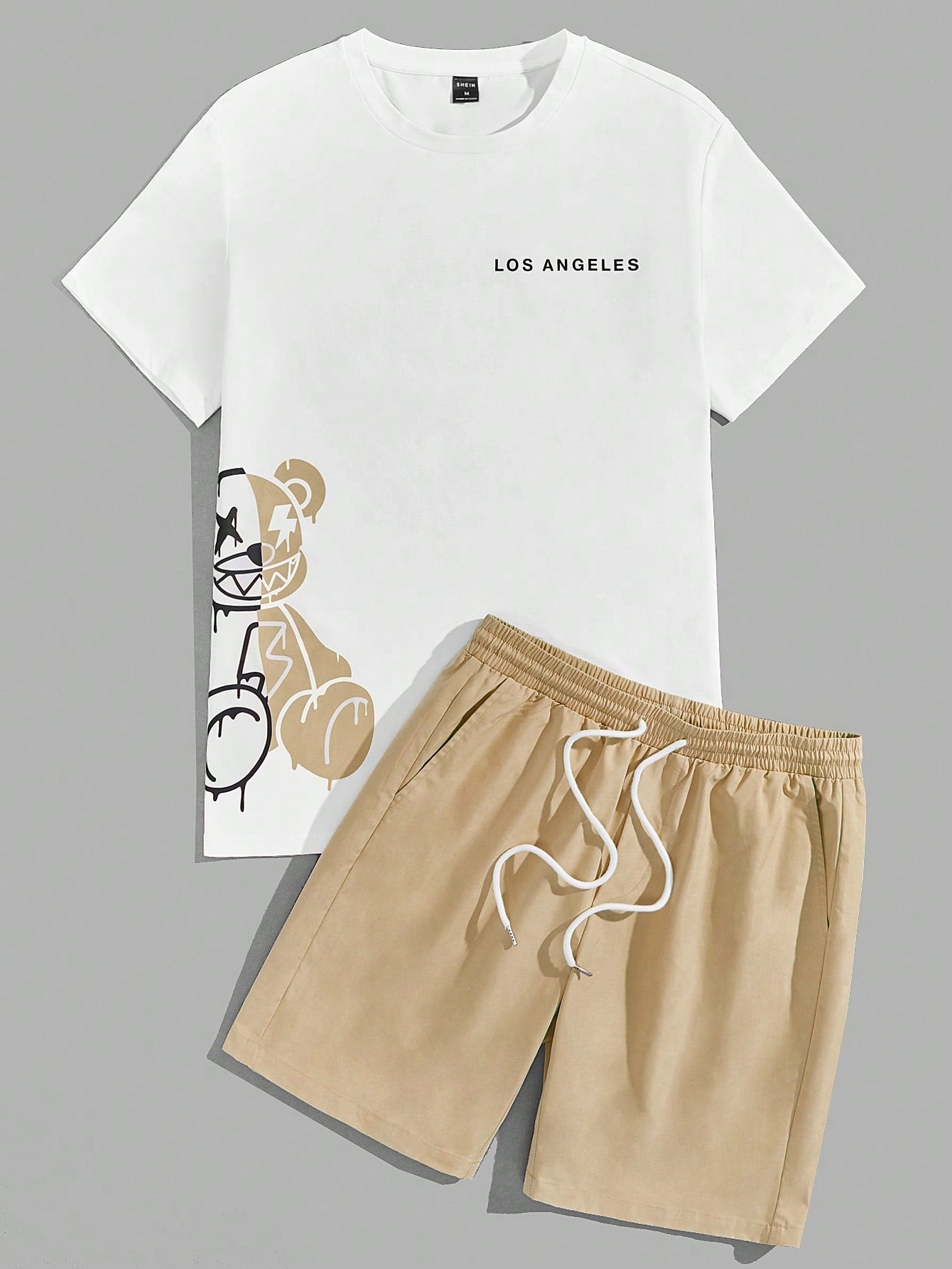 Manfinity EMRG Men Bear Letter Graphic Tee Drawstring Waist Shorts