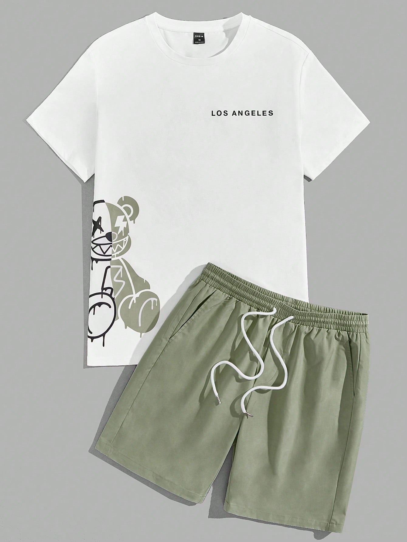 Manfinity EMRG Men Bear Letter Graphic Tee Drawstring Waist Shorts