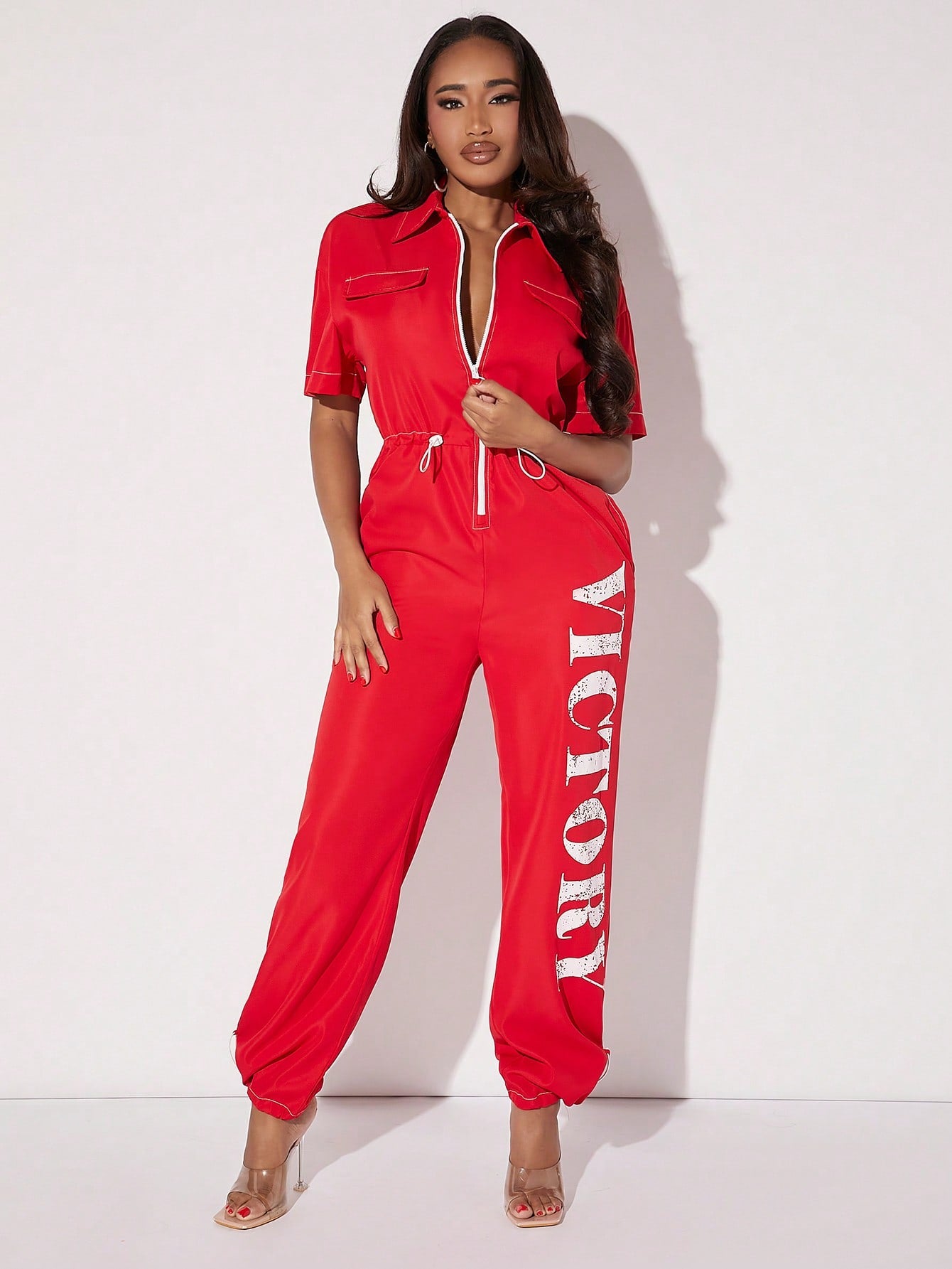 SXY Letter Graphic Zip Up Drawstring Waist Jumpsuit