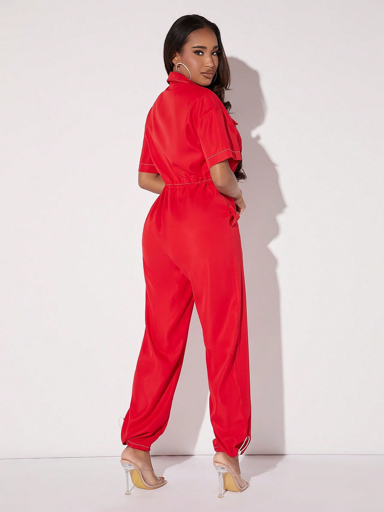 SXY Letter Graphic Zip Up Drawstring Waist Jumpsuit