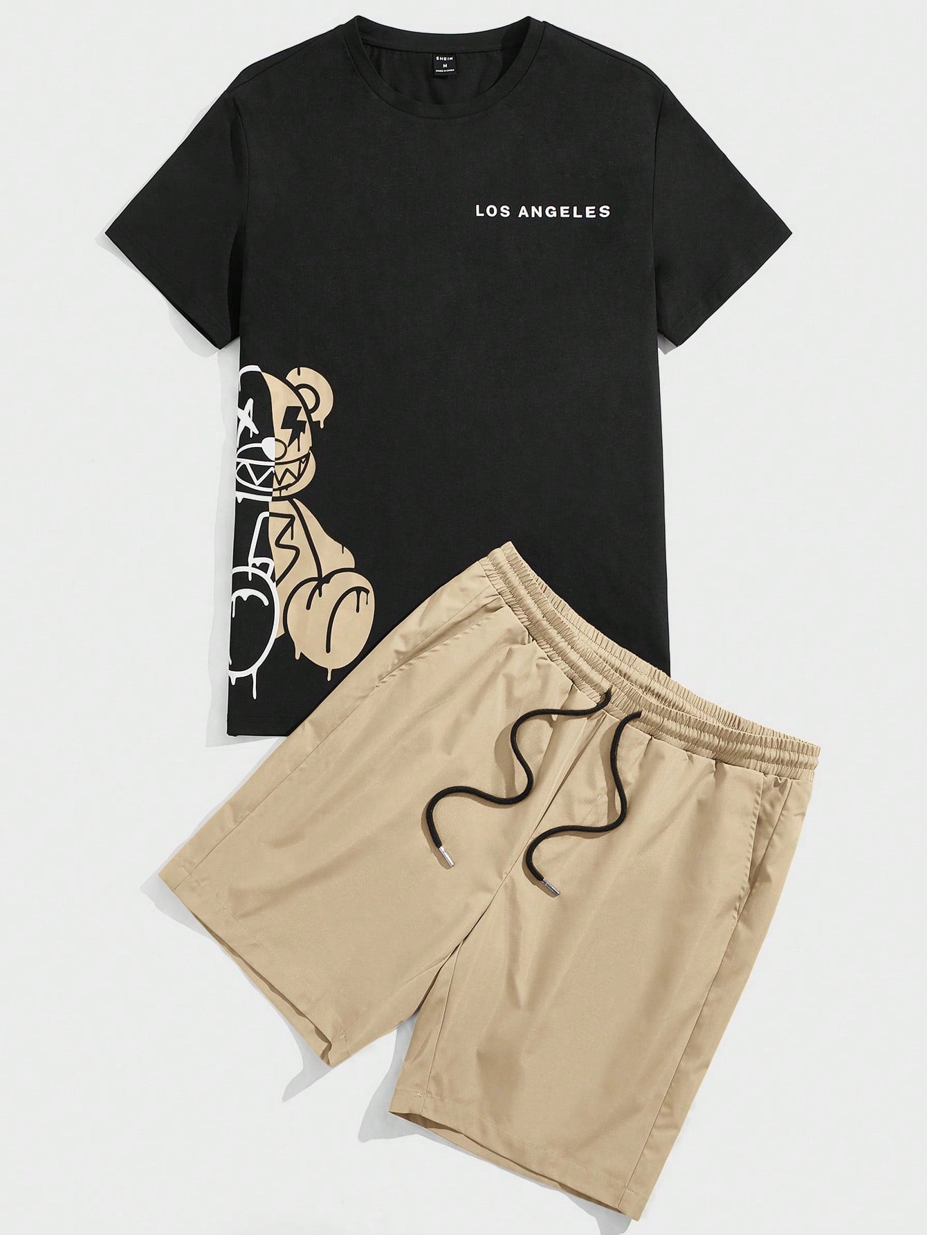 Manfinity EMRG Men Bear Letter Graphic Tee Drawstring Waist Shorts