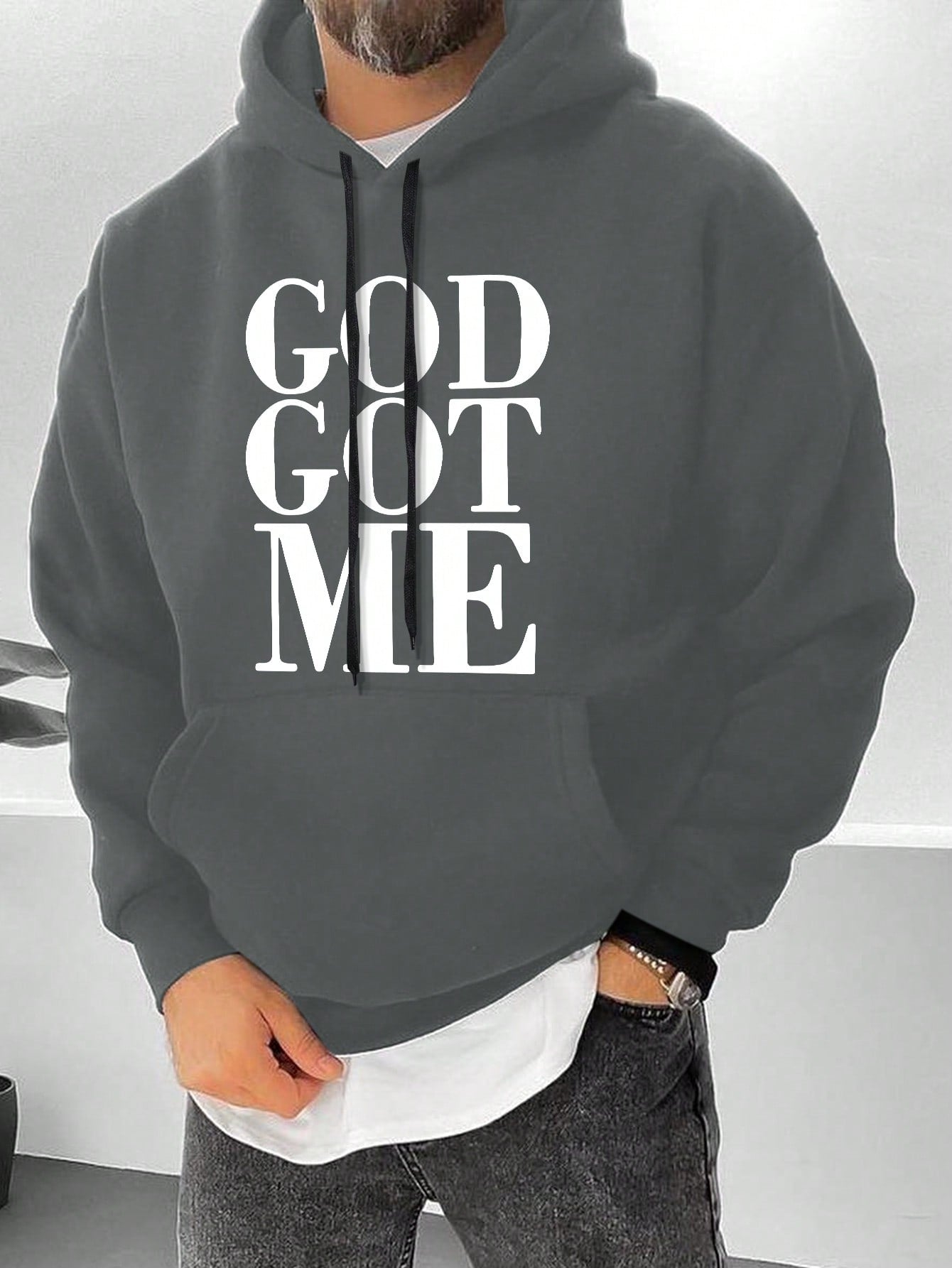 Manfinity Homme Men Slogan Graphic Kangaroo Pocket Drawstring Hoodie