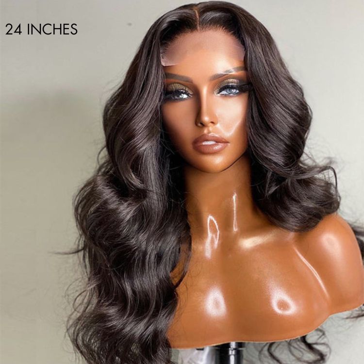 Points Rewards | Super Easy Natural Black Body Wave 4x4 Closure Lace Glueless Mid Part Long Wig 100% Human Hair