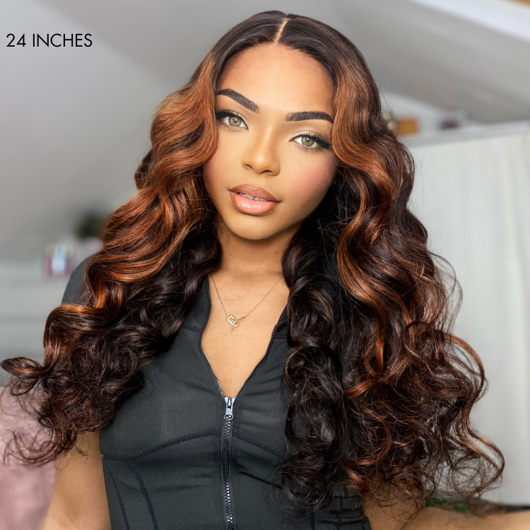 Win Back | Elegant Copper Ombre Highlights Loose Body Wave Glueless 5x5 Closure Lace Wig Breathable Cap
