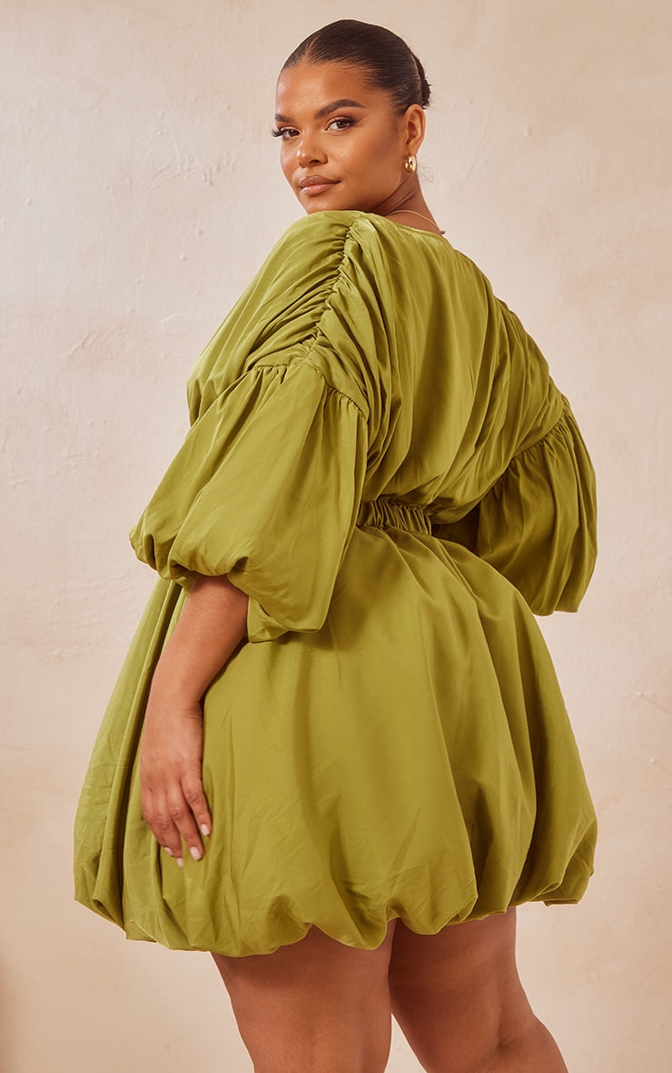 Plus Orange Puff Sleeve Puffball Hem Shift Dress