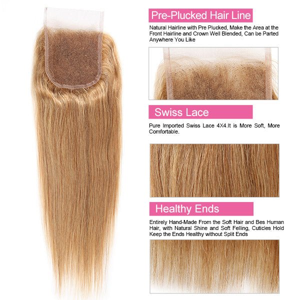 #27 Straight Hair Bundles with Closure Colored Human Hair 3 Bundles with 4x4 Lace Closure - Healthier Me Beauty, LLC