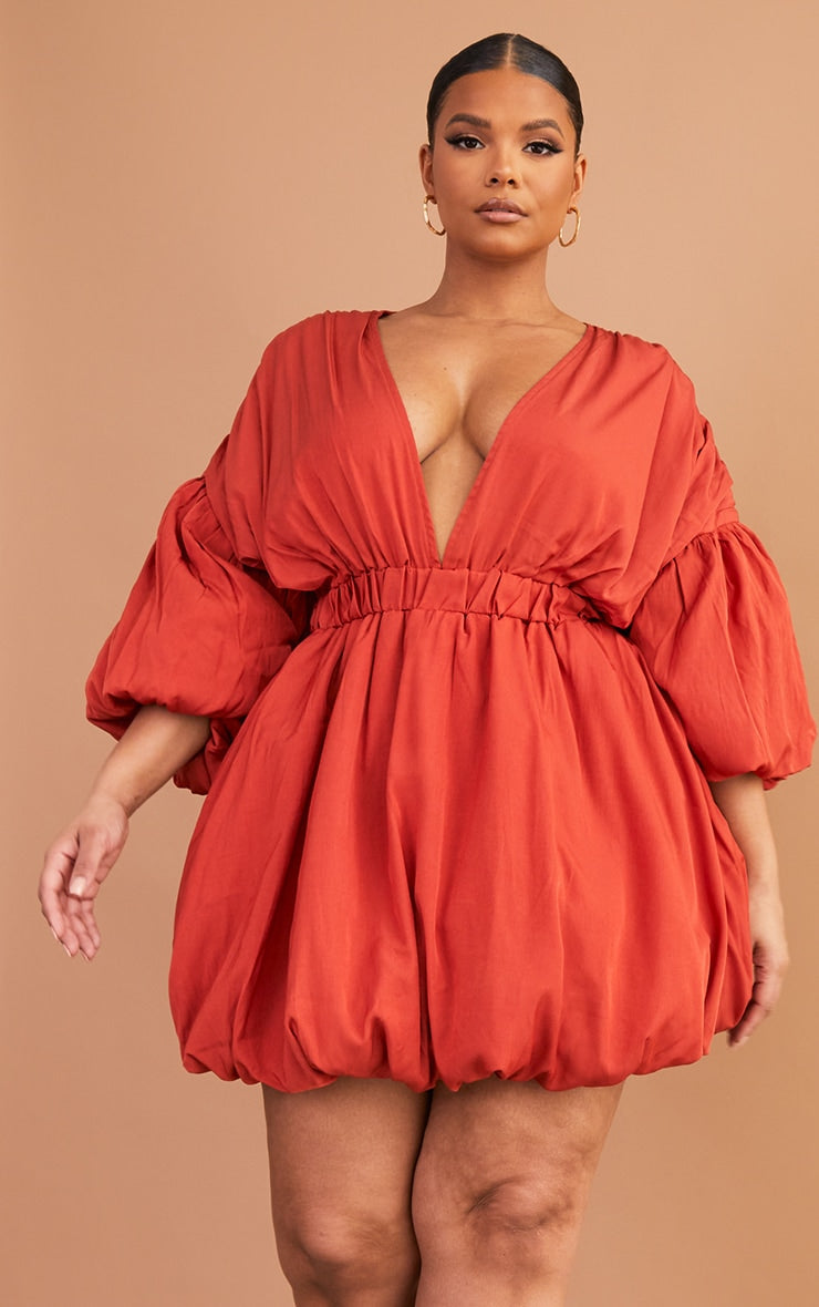 Plus Orange Puff Sleeve Puffball Hem Shift Dress