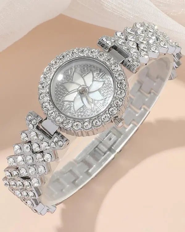 4pcs Mother's Day Gifts Allover Rhinestone Quartz Watch & Bracelet & Drop Earrings & Necklace Jewelry Set - Healthier Me Beauty, LLC