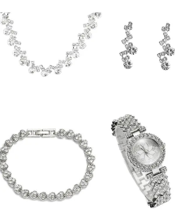 4pcs Mother's Day Gifts Allover Rhinestone Quartz Watch & Bracelet & Drop Earrings & Necklace Jewelry Set - Healthier Me Beauty, LLC