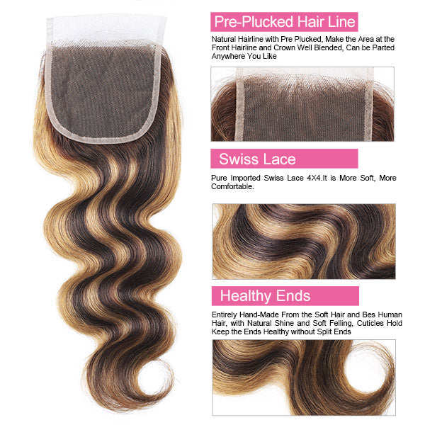 Highlight Body Wave Human Hair 3 Bundles with 4x4 Lace Closure P4/27 - Healthier Me Beauty, LLC