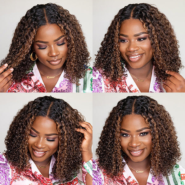 Lucky Draw | Mix Brown Kinky Curly 5x5 Closure HD Lace Glueless Mid Part Neck Length Wig 100% Human Hair