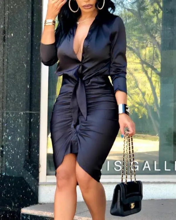 Tie Front Ruched Long Sleeve Shirt Dress