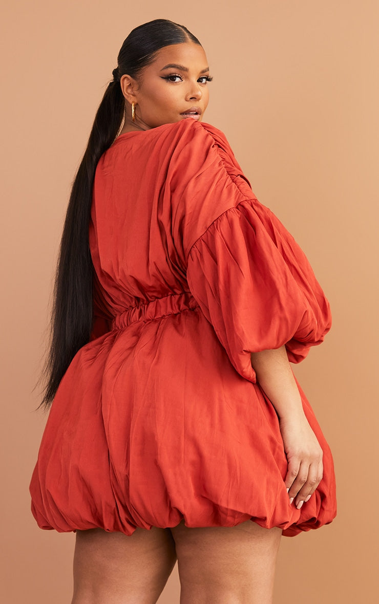 Plus Orange Puff Sleeve Puffball Hem Shift Dress