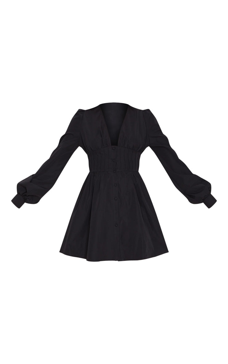 Black Button Front Fitted Puff Sleeve Skater Dress