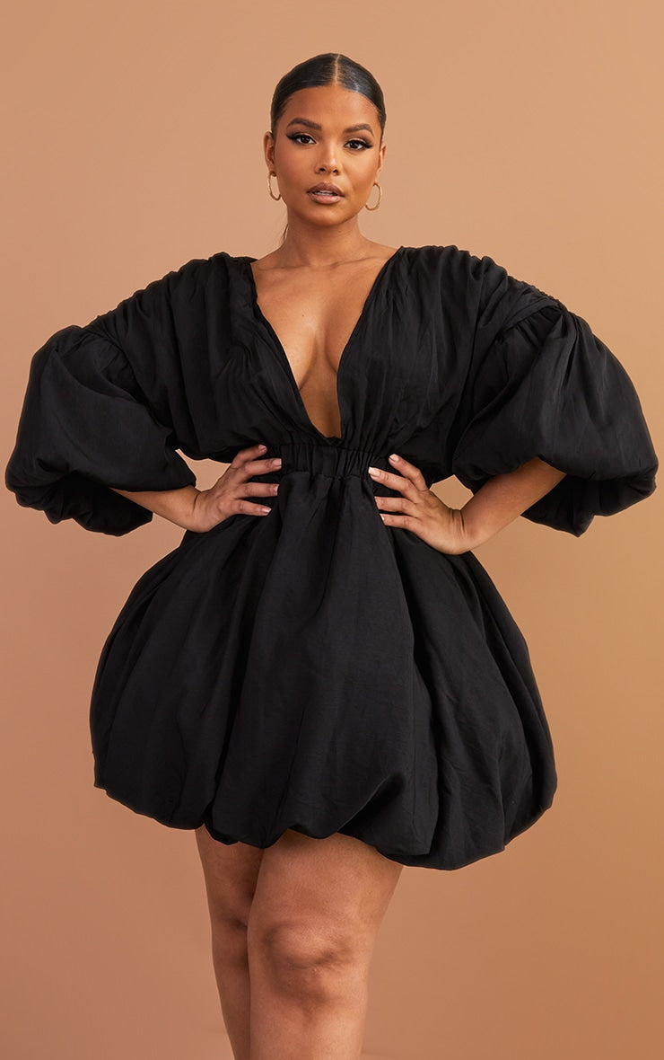 Plus Orange Puff Sleeve Puffball Hem Shift Dress