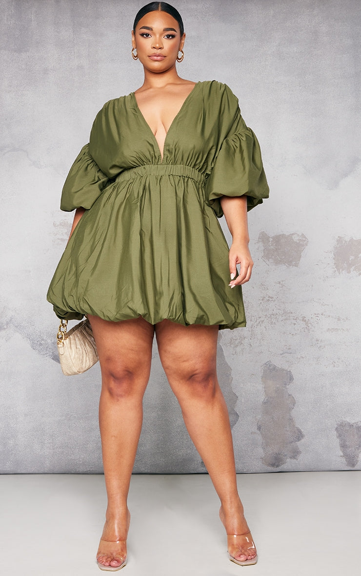 Plus Orange Puff Sleeve Puffball Hem Shift Dress