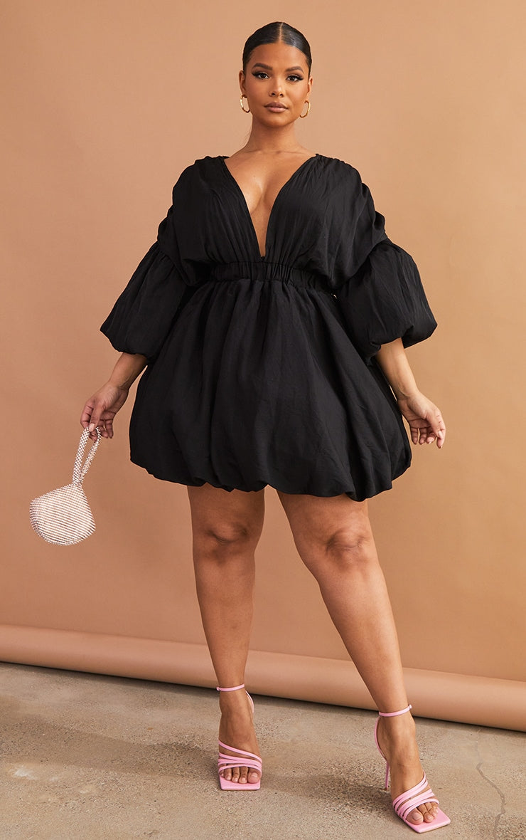 Plus Orange Puff Sleeve Puffball Hem Shift Dress