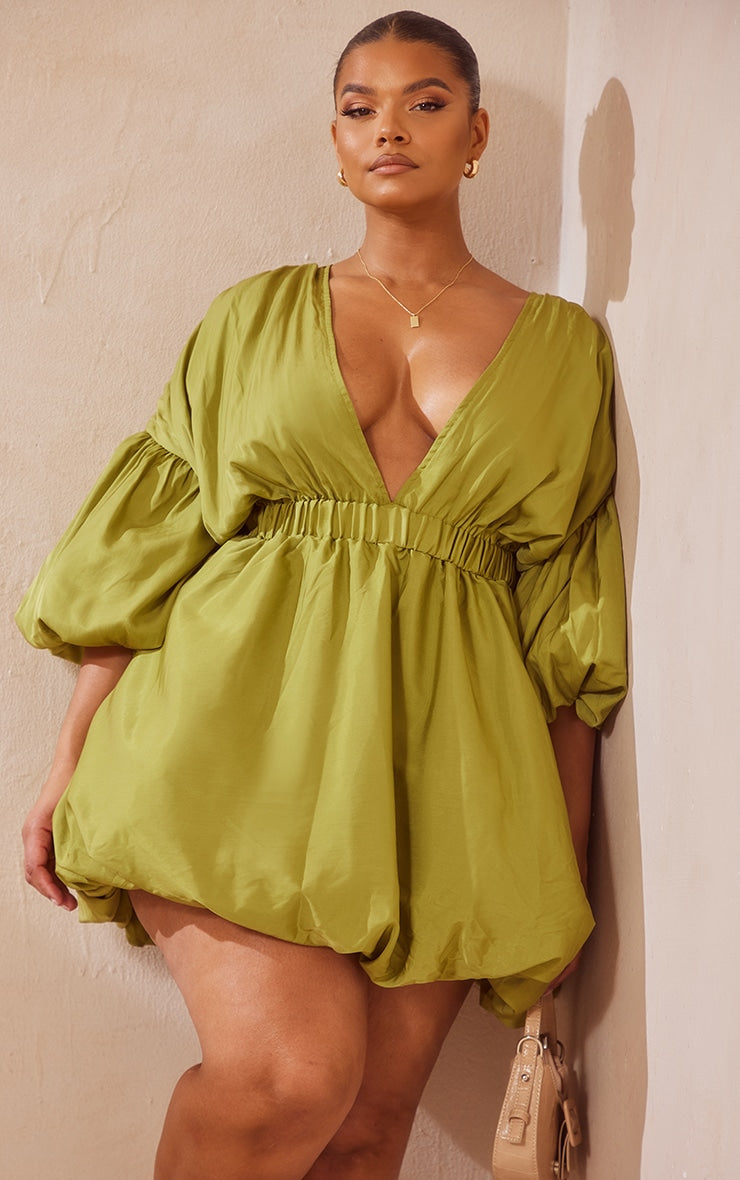 Plus Orange Puff Sleeve Puffball Hem Shift Dress