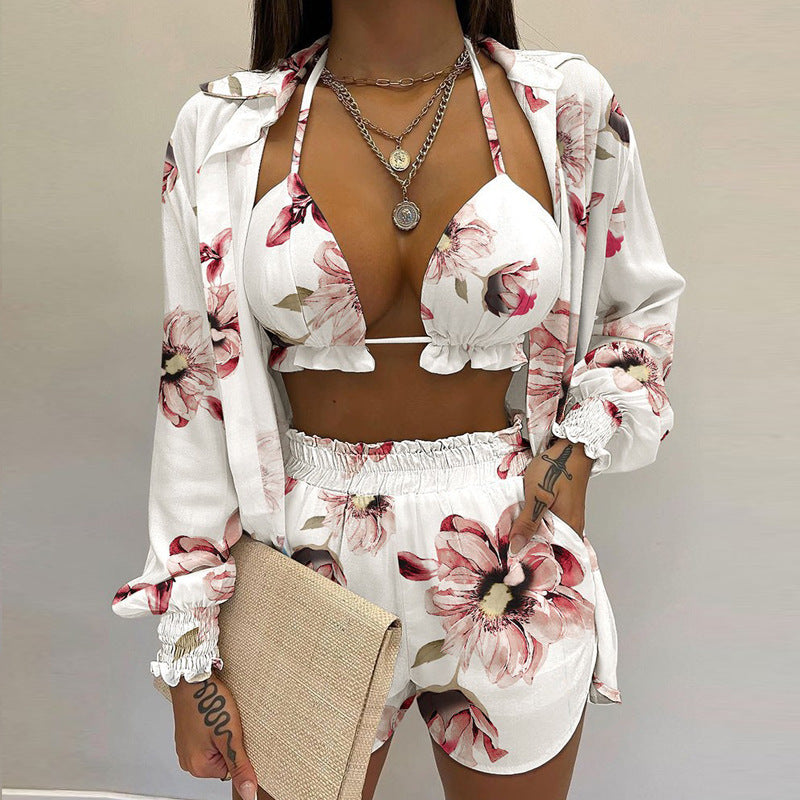 Women's Solid Color Long Sleeve Shirt And A Triangle Bikini And Shorts Three-Piece Set - Healthier Me Beauty, LLC