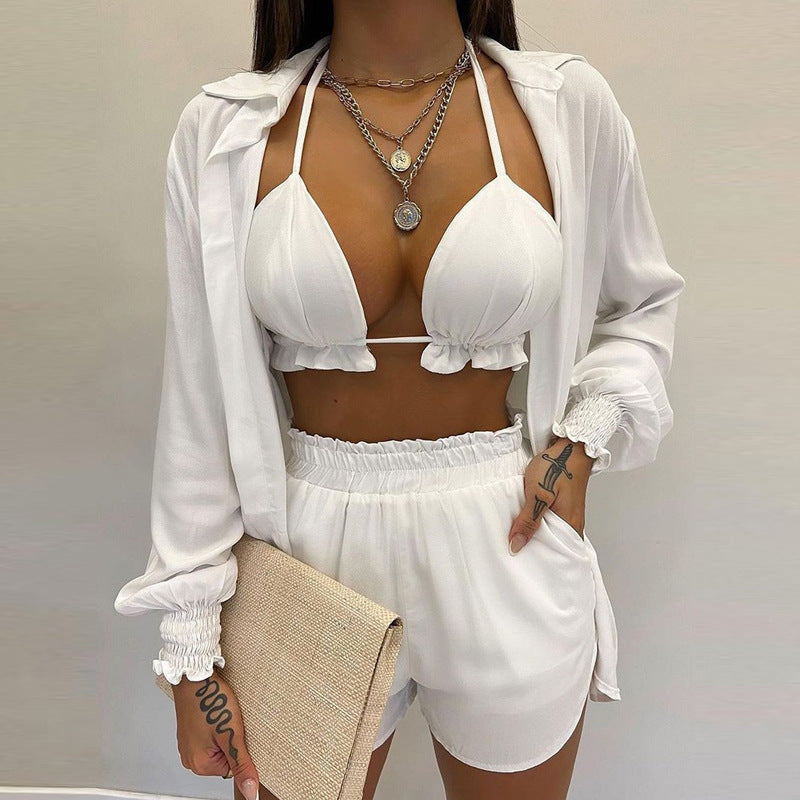 Women's Solid Color Long Sleeve Shirt And A Triangle Bikini And Shorts Three-Piece Set - Healthier Me Beauty, LLC