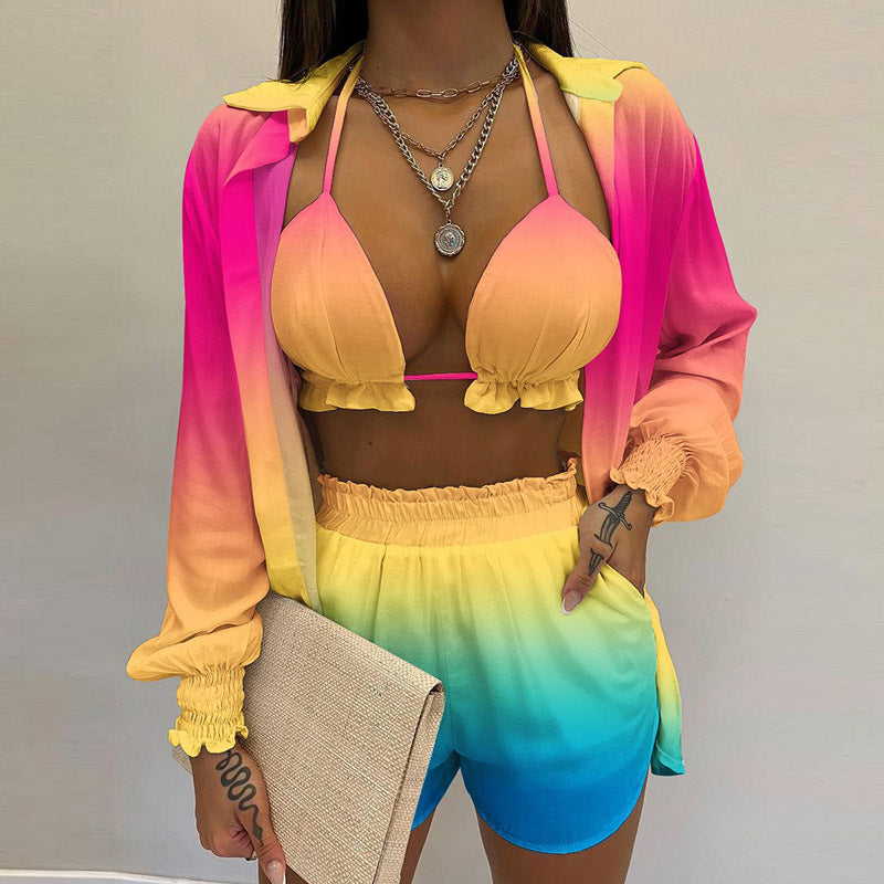 Women's Solid Color Long Sleeve Shirt And A Triangle Bikini And Shorts Three-Piece Set - Healthier Me Beauty, LLC