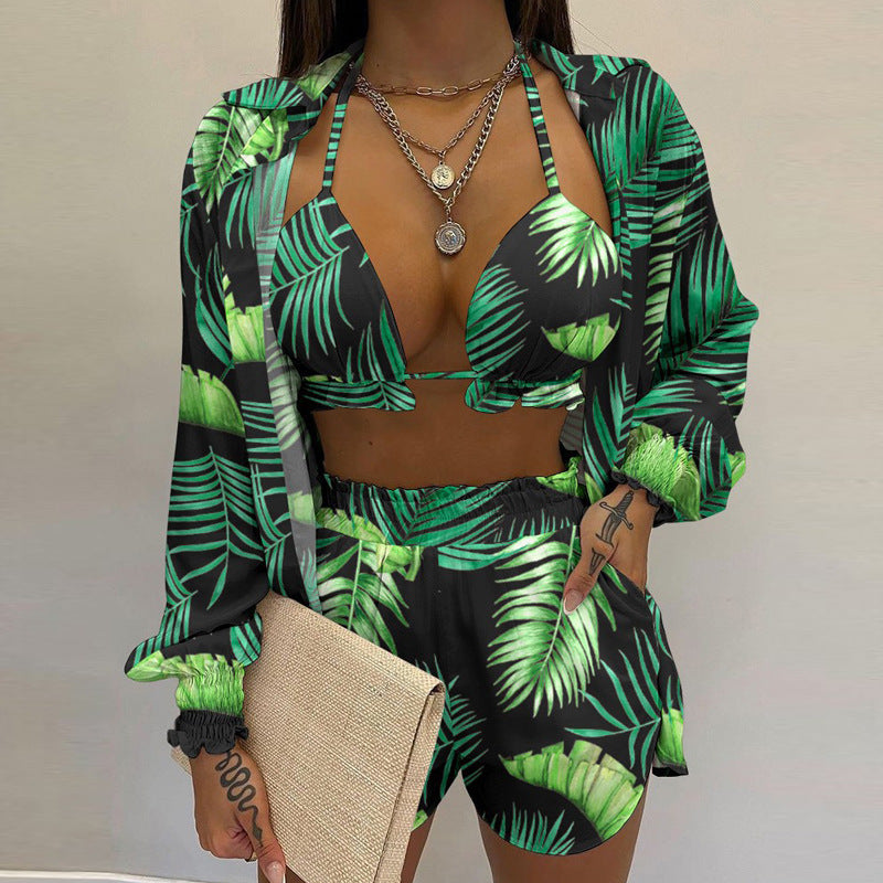 Women's Solid Color Long Sleeve Shirt And A Triangle Bikini And Shorts Three-Piece Set - Healthier Me Beauty, LLC