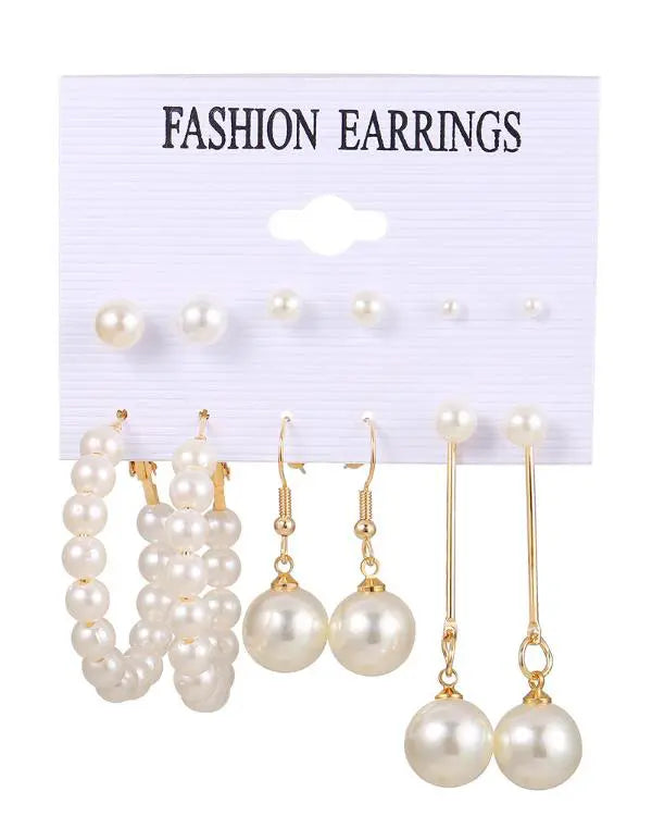 6Pairs Pearls Beaded Drop Hoop Droop Earrings Set