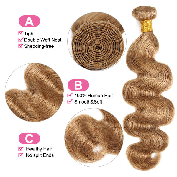 Honey Blonde Body Wave Bundles With Closure #27 Color Human Hair - Healthier Me Beauty, LLC