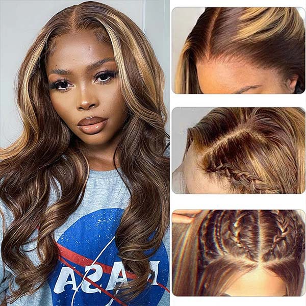 HD Lace Highlight Wig 4x4 Lace Wig Body Wave Human Hair Wigs 5x5 Lace Closure Wigs 180% Density - Healthier Me Beauty, LLC