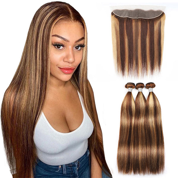 Highlight Bundles with Lace Frontal P4/27 Brazilian Straight Human Hair with HD 13x4 Lace Front Closure - Healthier Me Beauty, LLC