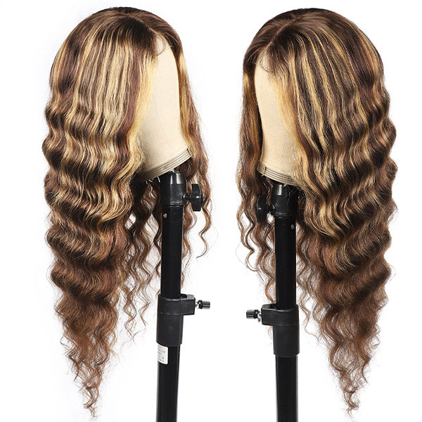 T Part Lace Wig Honey Blonde Highlighted Wig Loose Deep Wave Hair 150% Density Wig - Healthier Me Beauty, LLC