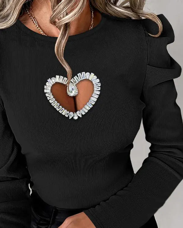 Rhinestone Hollow Heart Gigot Sleeve Top
