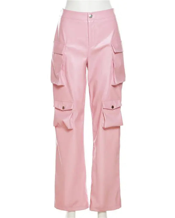 Straight Leg Pocket Design PU Leather Pants