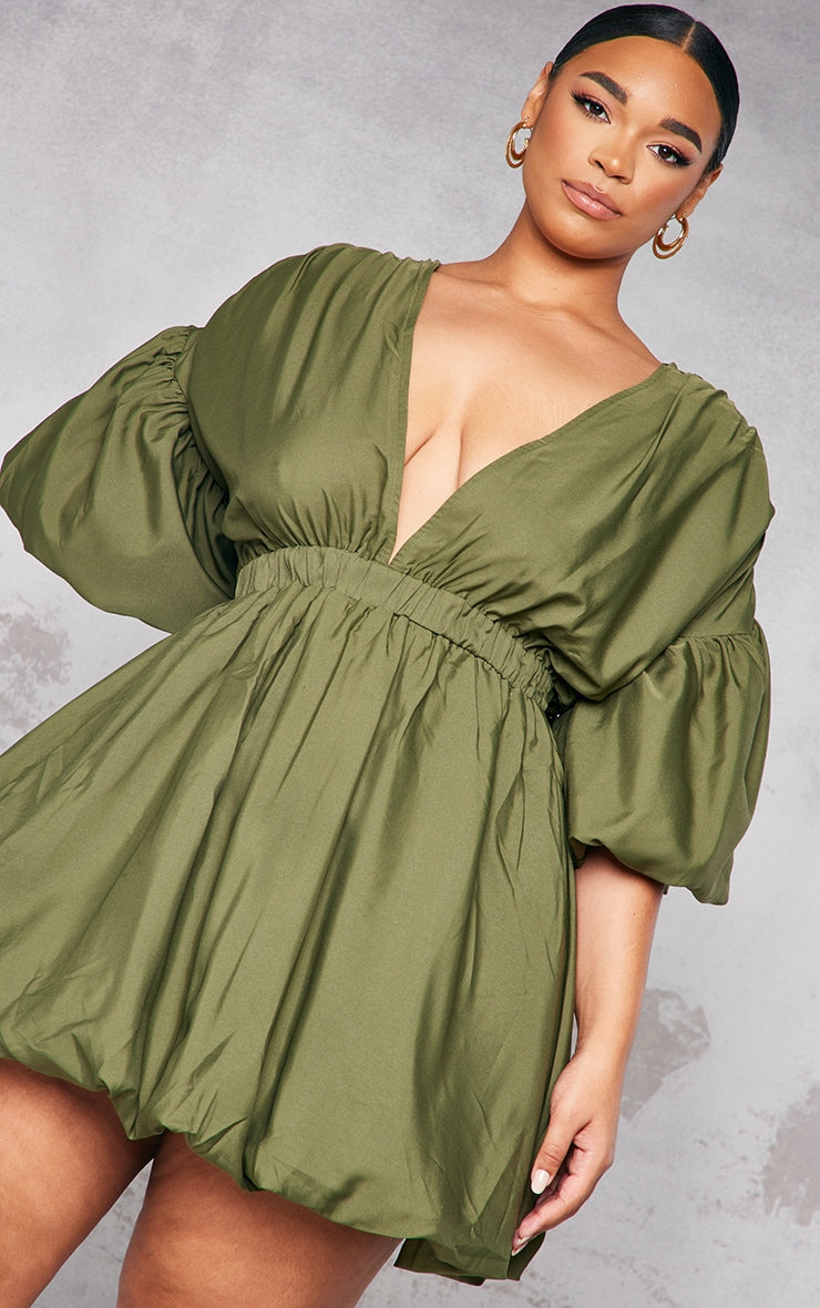 Plus Orange Puff Sleeve Puffball Hem Shift Dress