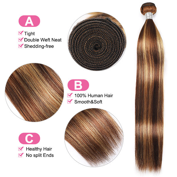 Highlight Bundles with Lace Frontal P4/27 Brazilian Straight Human Hair with HD 13x4 Lace Front Closure - Healthier Me Beauty, LLC
