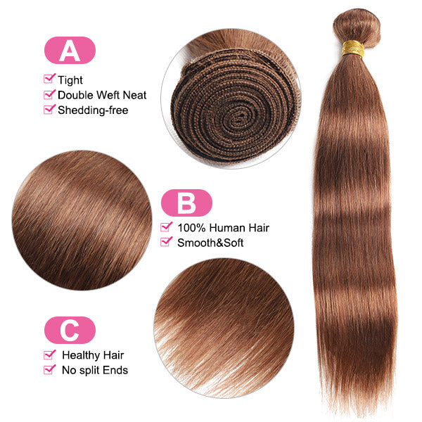 Light Brown Straight Human Hair 3 Bundles With 4x4 Closure #4 Human Hair Weave - Healthier Me Beauty, LLC