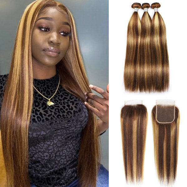 Highlight Hair Bundles with 4x4 Lace Closure Straight Human Hair 3 Bundles with Closure - Healthier Me Beauty, LLC